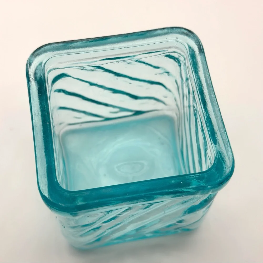 Vintage Teal Votive Holder Tealight Candle Trinket Dish Collectible Glass Square